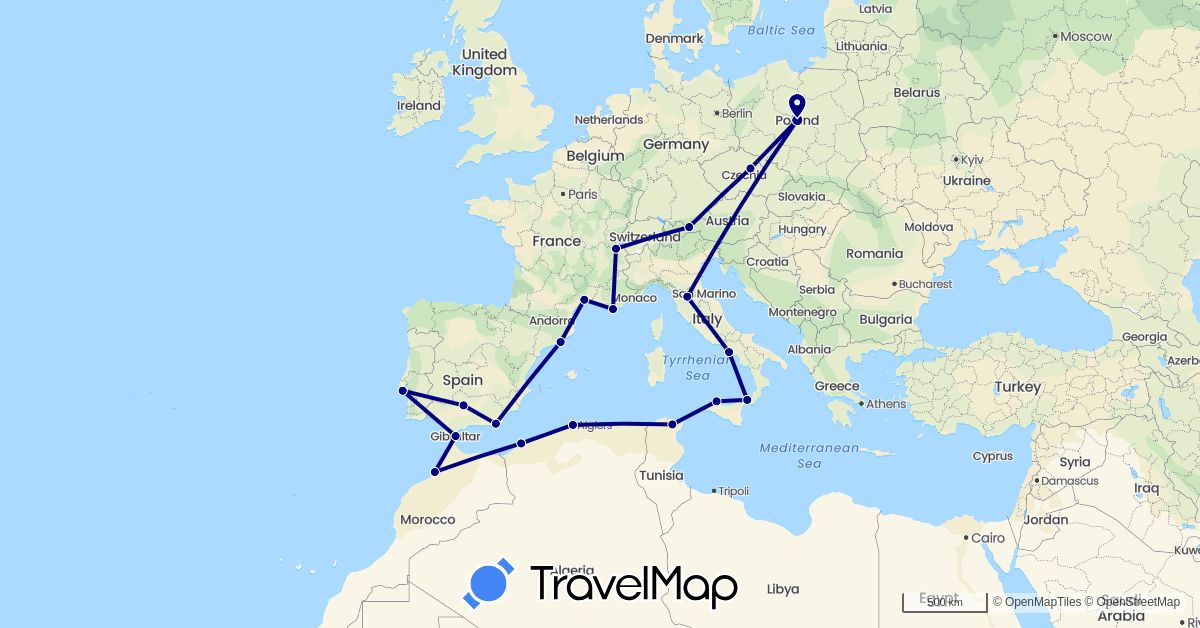 TravelMap itinerary: driving in Austria, Switzerland, Czech Republic, Algeria, Spain, France, Gibraltar, Italy, Morocco, Poland, Portugal, Tunisia (Africa, Europe)