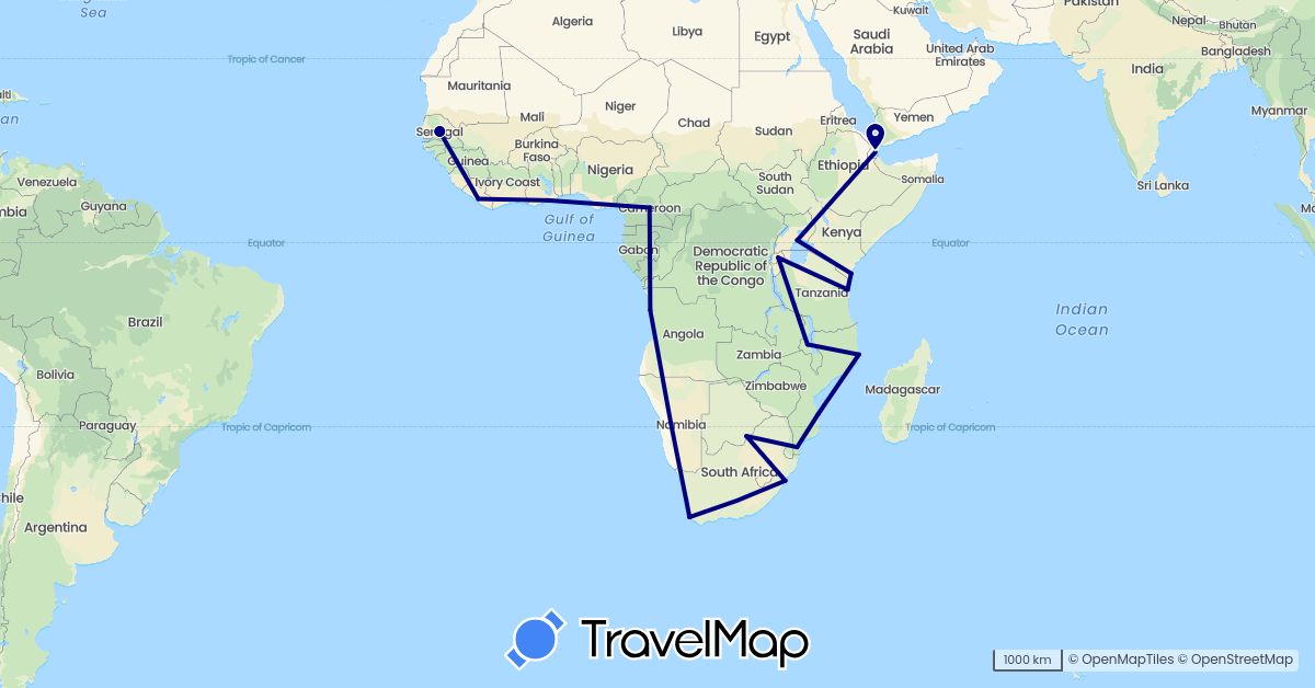TravelMap itinerary: driving in Angola, Botswana, Cameroon, Djibouti, Ghana, Kenya, Liberia, Malawi, Mozambique, Rwanda, Senegal, Tanzania, Uganda, South Africa (Africa)