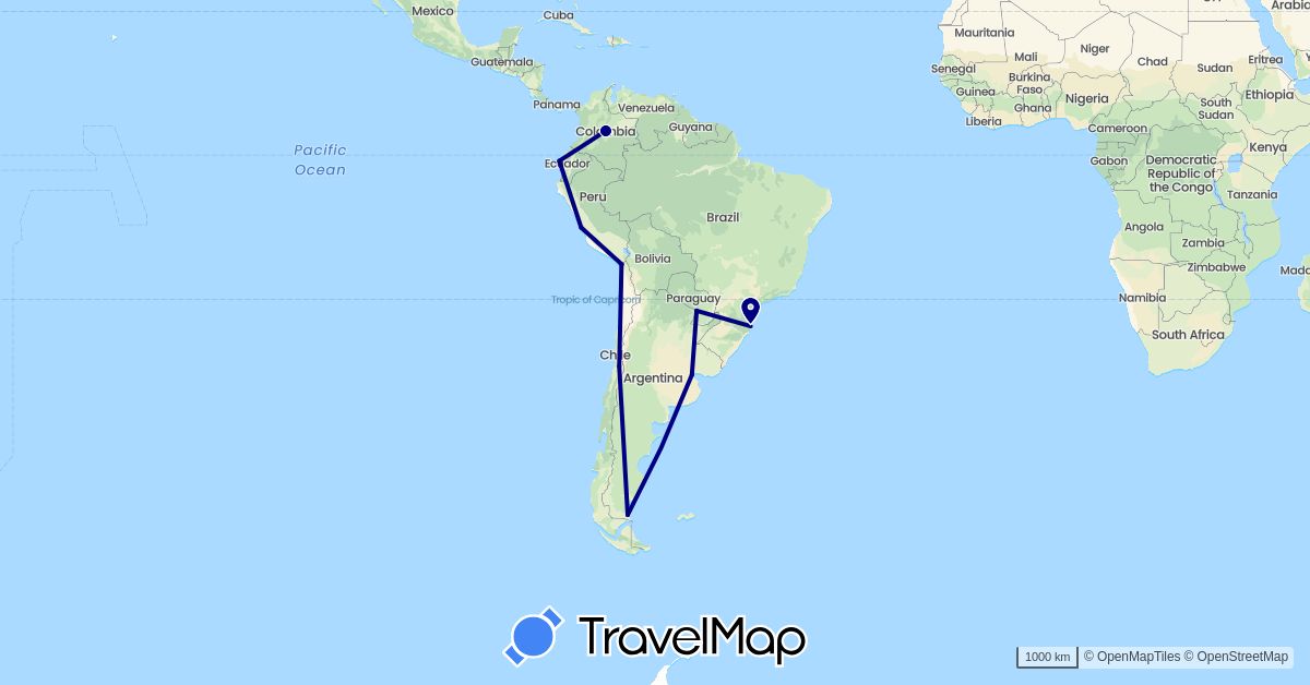TravelMap itinerary: driving in Argentina, Brazil, Chile, Colombia, Ecuador, Peru, Paraguay (South America)