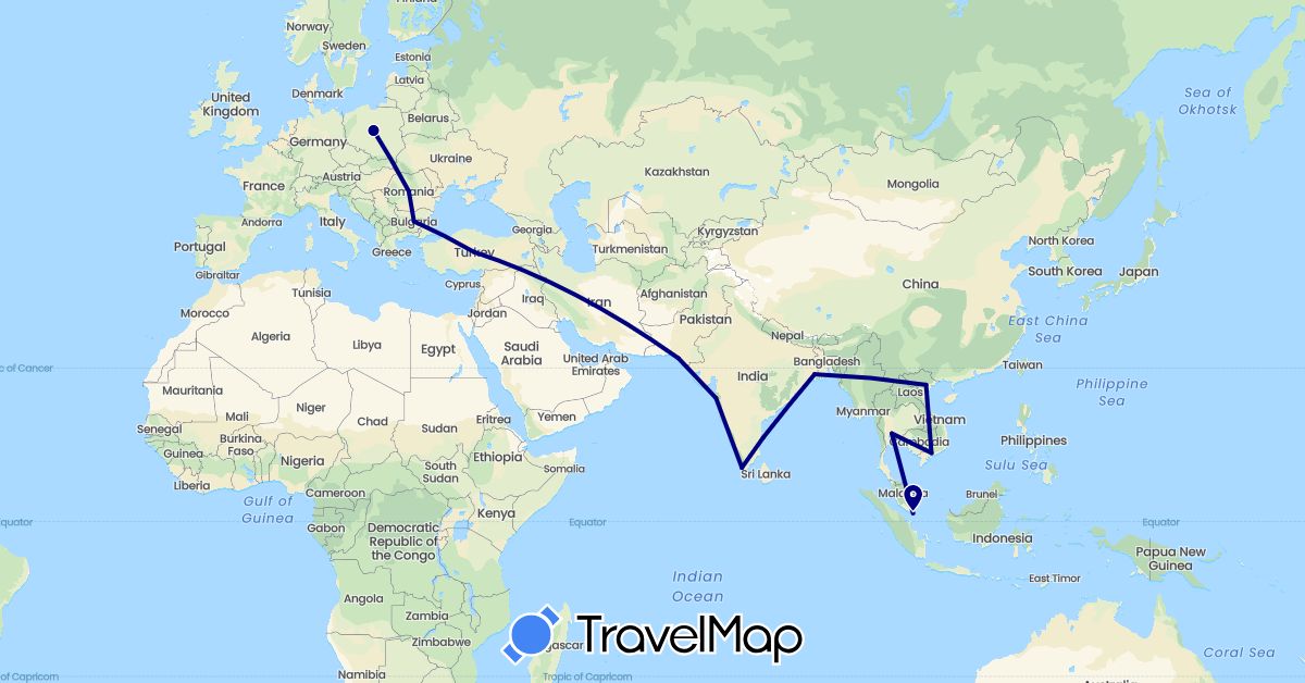 TravelMap itinerary: driving in Bulgaria, India, Pakistan, Poland, Romania, Singapore, Thailand, Turkey, Vietnam (Asia, Europe)